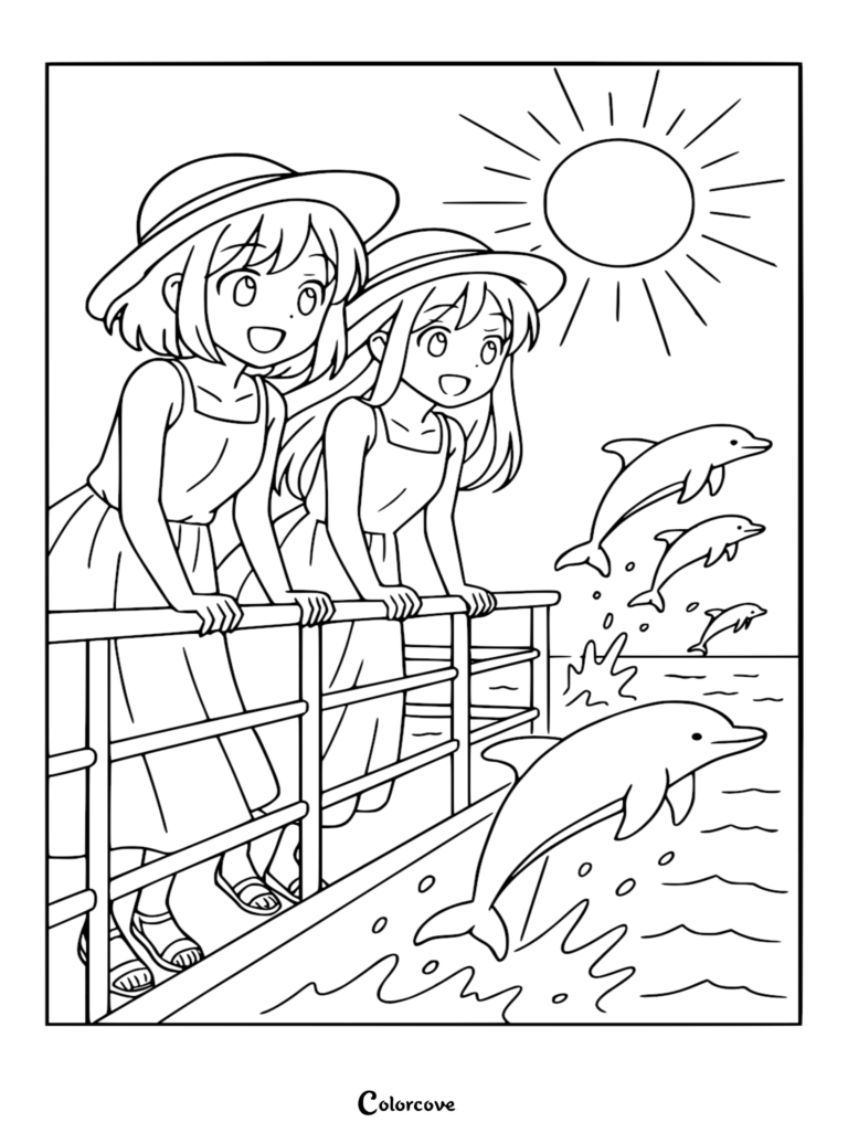 Una detallada página para colorear de un crucero que presenta a dos chicas con sombreros de sol apoyadas en la barandilla de la cubierta para ver a cuatro delfines saltando entre las olas del océano bajo un sol brillante.