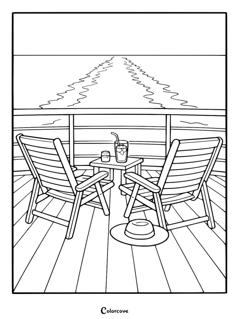 Intrincada página para colorear de un balcón de crucero con dos sillas de cubierta de listones, un sombrero de sol y bebidas con una vista panorámica de la estela del océano.