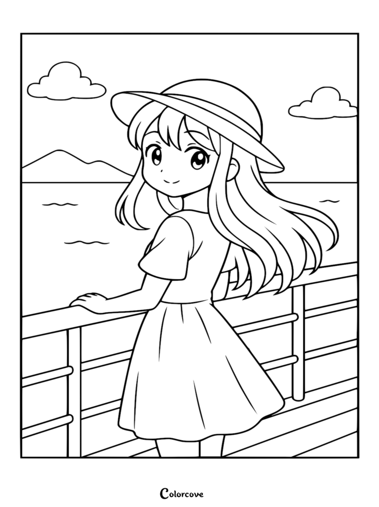 Chica anime con cabello largo y sombrero de sol de pie en la barandilla de la cubierta de un crucero, mirando el océano con montañas distantes en esta página para colorear.