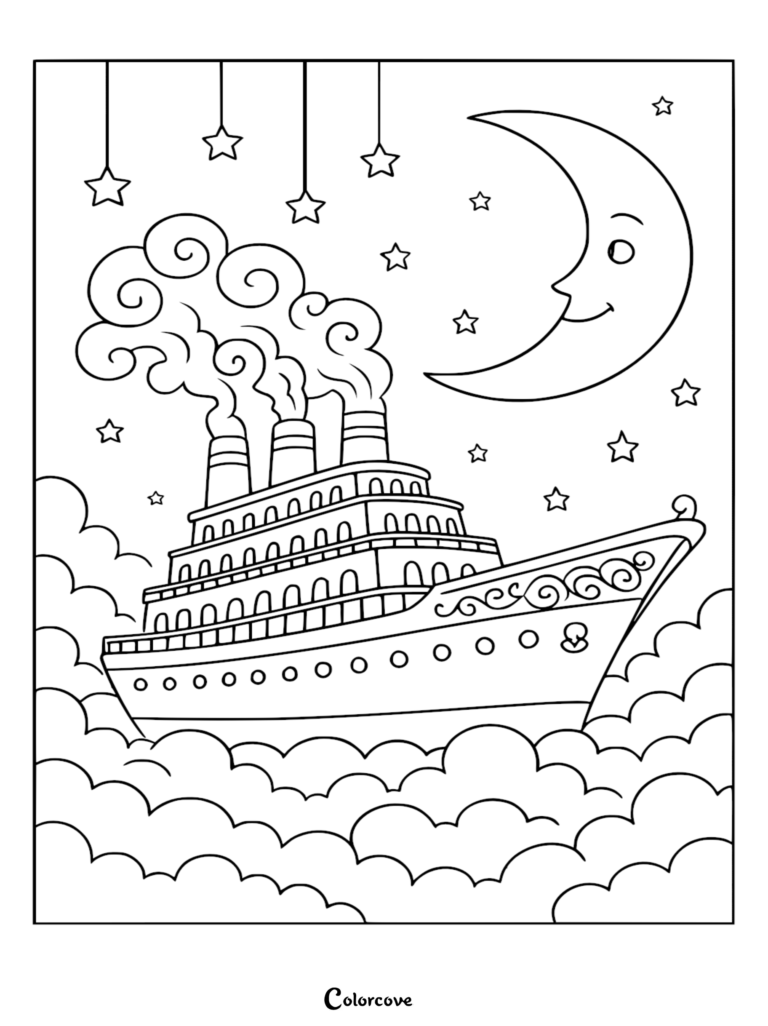 Una caprichosa página para colorear de un crucero que presenta un gran barco de vapor navegando a través de nubes esponjosas bajo una luna creciente sonriente y estrellas colgantes con estelas de humo rizado saliendo de tres chimeneas.