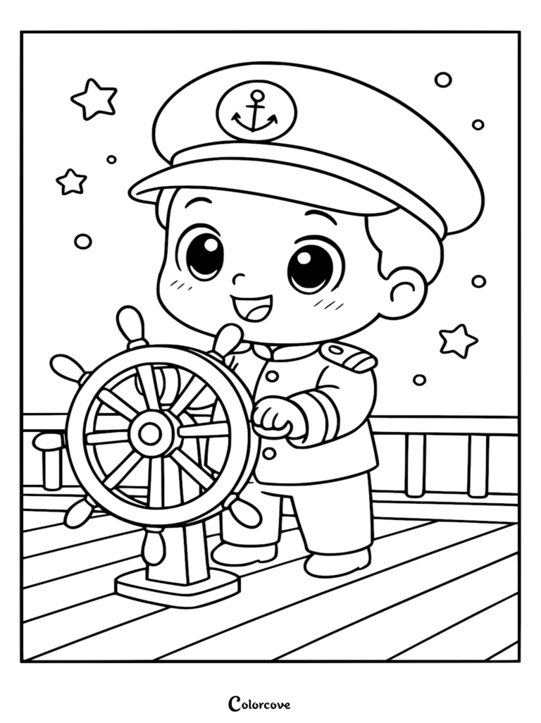 Página para colorear de un capitán de crucero estilo Chibi que presenta a un niño con uniforme dirigiendo un timón bajo las estrellas.