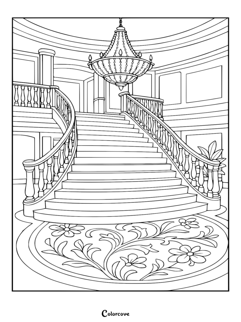 Intrincada página para colorear de la gran escalera de un crucero de lujo con barandillas curvas, una lámpara de cuentas y una alfombra floral.