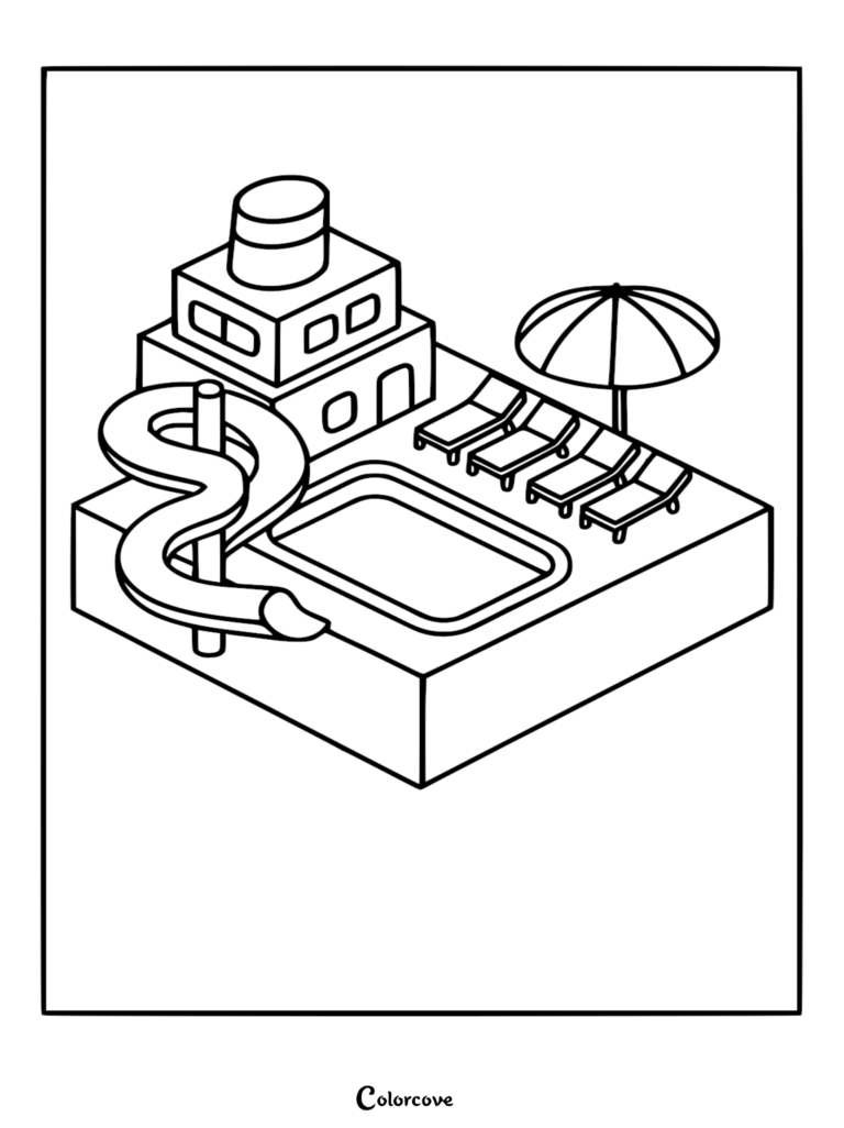 Página para colorear de arte lineal isométrico de una sección de la cubierta de un crucero con un tobogán en espiral, una piscina y cuatro tumbonas bajo una sombrilla.