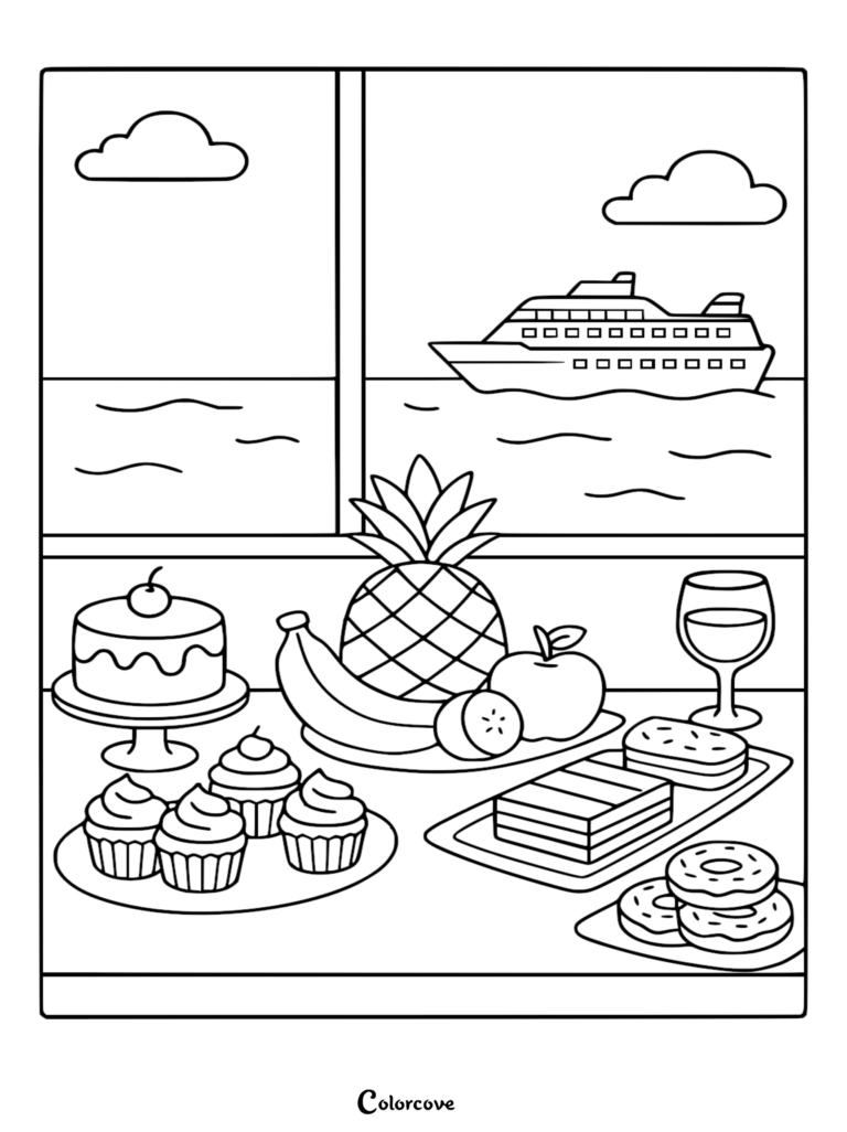 Página para colorear de un buffet de crucero en blanco y negro que presenta una vista a través de la ventana de un transatlántico, olas del océano, nubes y una mesa con cupcakes, piña, donas y pastel.