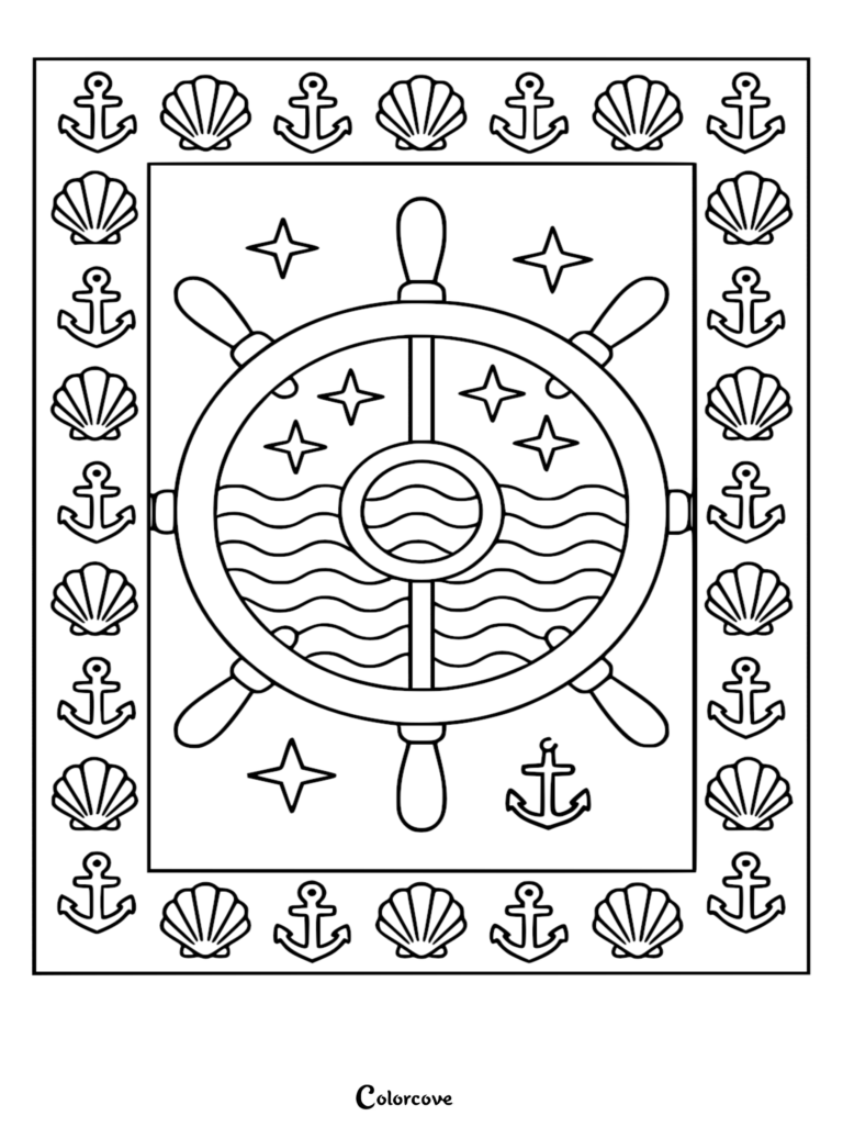 Página para colorear náutica que muestra un timón con agua de mar ondulada y estrellas dentro de un borde de concha y ancla.