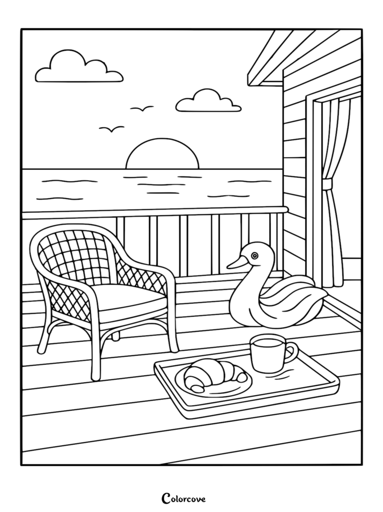 Página para colorear de un balcón de crucero que presenta una silla de mimbre, un cisne de toalla y una bandeja de desayuno con vista a un atardecer en el océano.