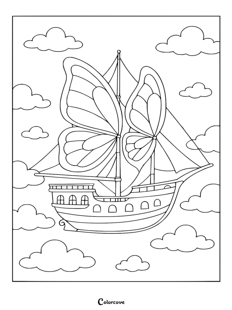 Intrincada página para colorear de un barco de fantasía con alas de mariposa gigantes que sirven como velas, elevándose a través de un cielo lleno de nubes de dibujos animados.