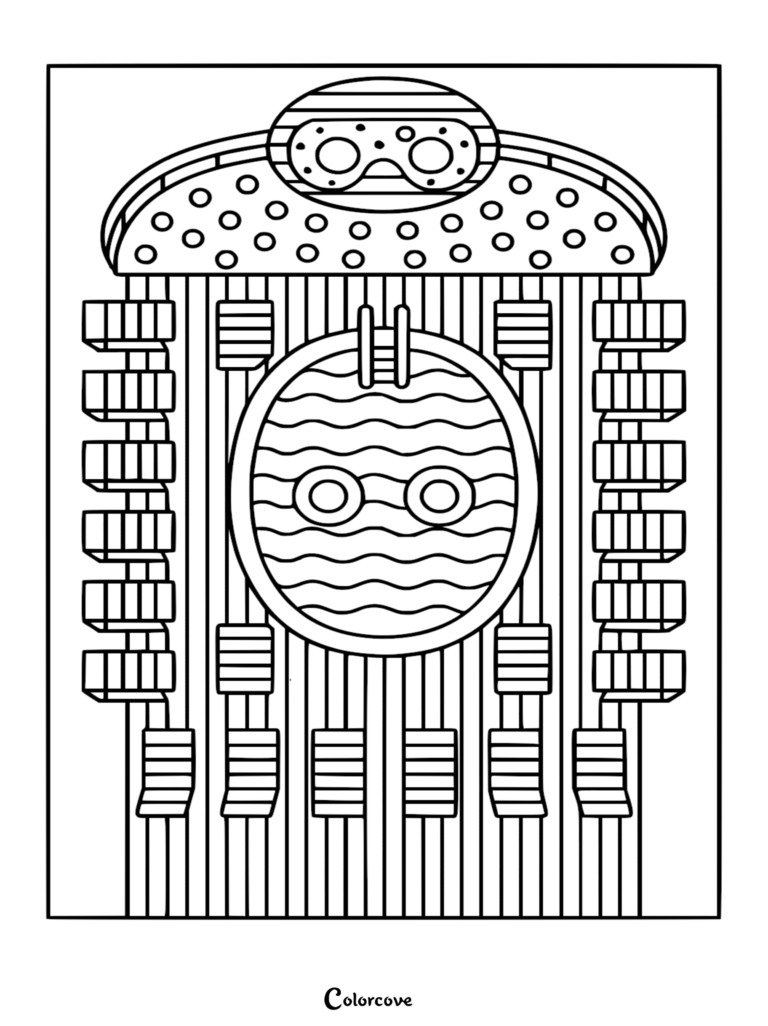 Página para colorear detallada de la cubierta de un crucero que presenta una piscina circular central, patrones de agua ondulada y balcones laterales escalonados y simétricos.