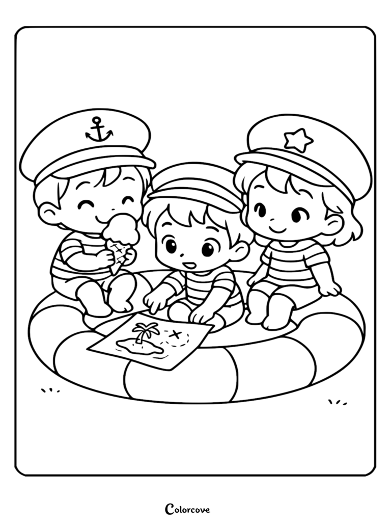 Página para colorear de arte lineal de tres lindos niños con sombreros de capitán y camisas a rayas sentados dentro de un gran salvavidas, examinando un mapa del tesoro y comiendo helado.