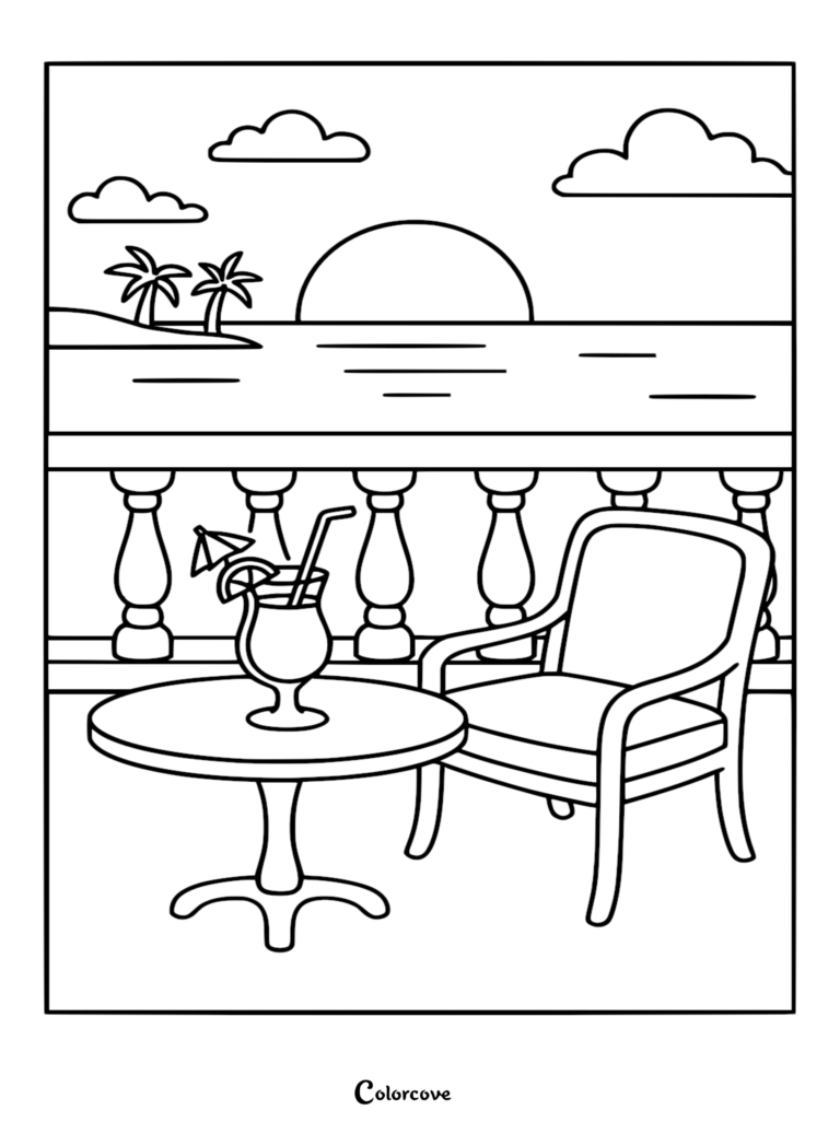 Página para colorear de arte lineal detallado del balcón de un crucero con un cóctel tropical, una silla de patio y una puesta de sol sobre el océano.