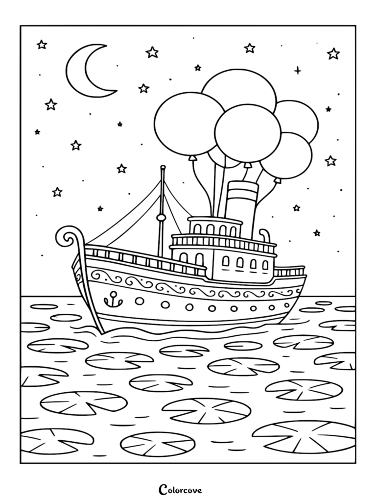 Una caprichosa página para colorear de un crucero que muestra un barco decorativo con globos atados a su chimenea navegando a través de un mar de nenúfares bajo un cielo nocturno estrellado con una luna creciente.
