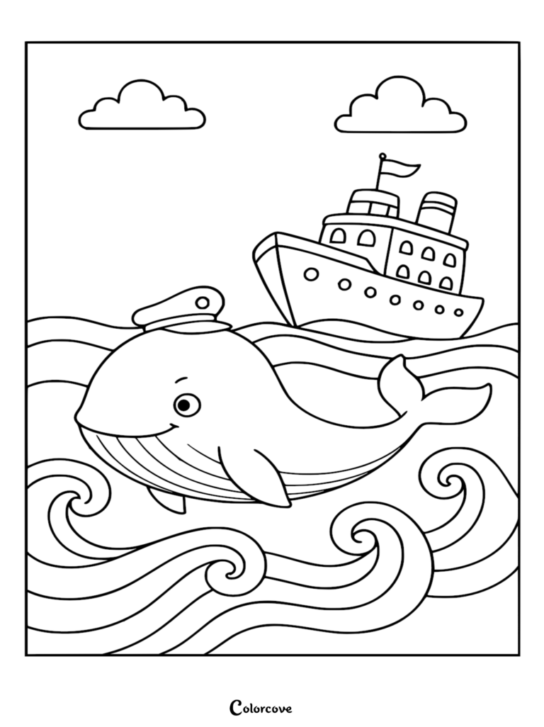 Una página para colorear de un crucero en blanco y negro que presenta una gran ballena con un sombrero de capitán nadando en aguas oceánicas onduladas cerca de un gran barco con nubes en el cielo.