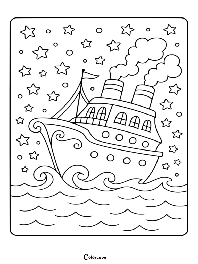 Una página para colorear de un crucero con dos chimeneas humeantes navegando sobre agua oceánica ondulada bajo un cielo nocturno lleno de estrellas y círculos.