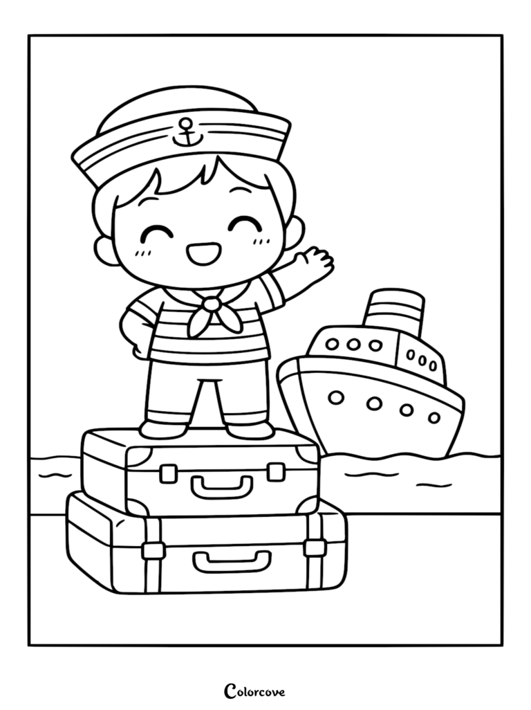 Un niño marinero Chibi saludando desde un equipaje apilado junto a un crucero en esta página para colorear con contornos marcados.