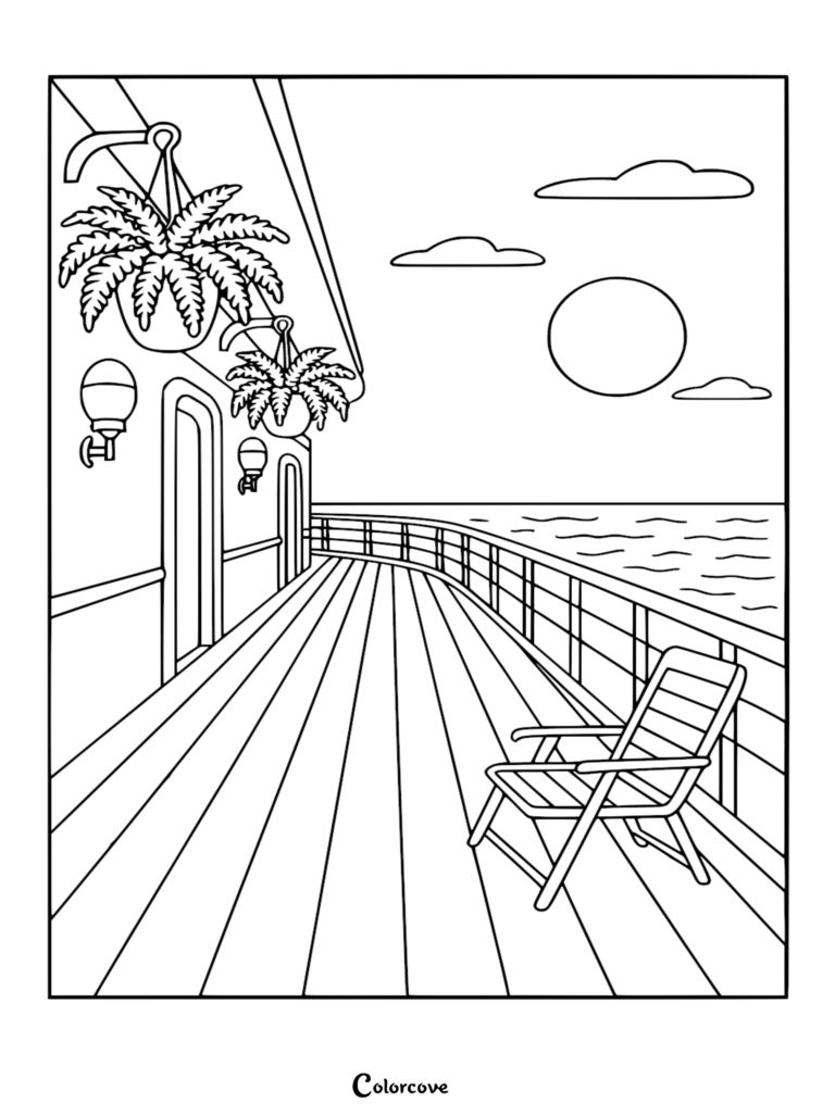 Página para colorear de la cubierta de un crucero con una tumbona sobre tablas de madera, plantas de helecho colgantes y una puesta de sol sobre el océano.
