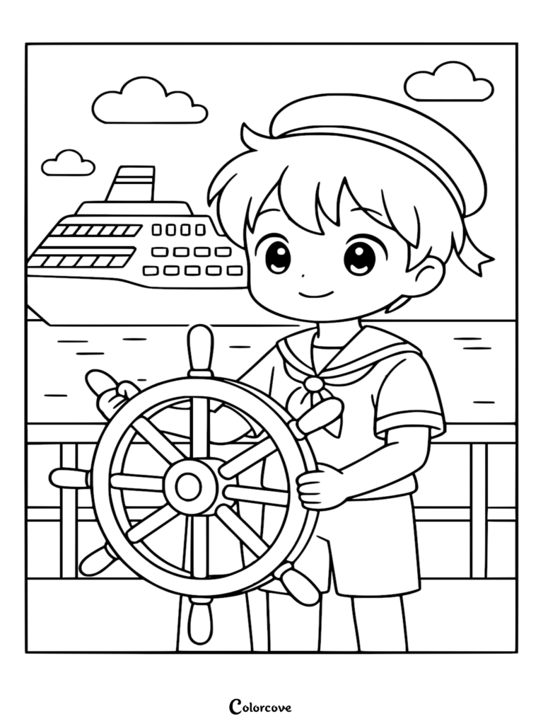 Una página para colorear detallada que muestra a un niño con uniforme de marinero dirigiendo un timón de madera con un gran crucero de fondo.