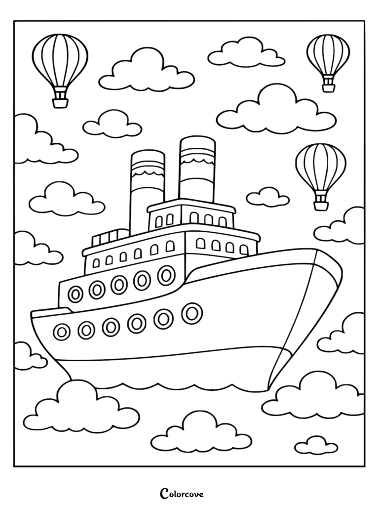 Una página para colorear en blanco y negro de un gran transatlántico flotando a través de nubes esponjosas con tres globos aerostáticos a rayas en el cielo.