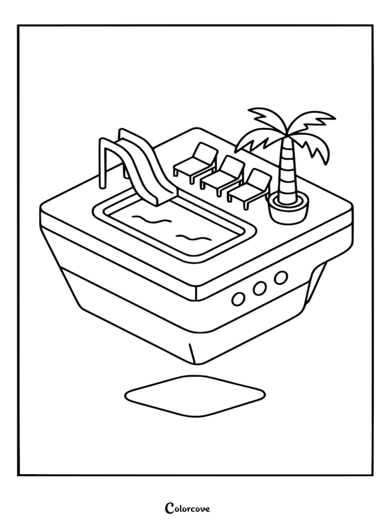 Página para colorear de arte lineal isométrico de la cubierta de sol de un crucero que presenta una piscina con un tobogán de agua, tres tumbonas y una palmera en maceta junto a ojos de buey.
