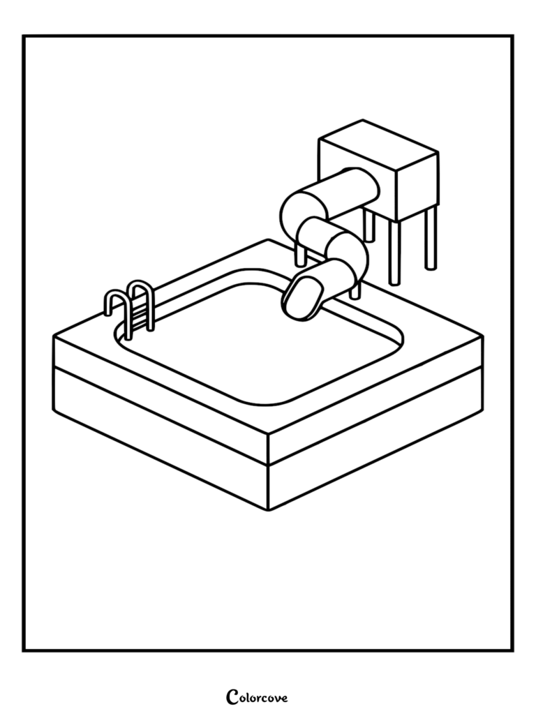 Dibujo lineal isométrico para una página para colorear de una piscina cuadrada de un crucero con un tobogán de tubo.