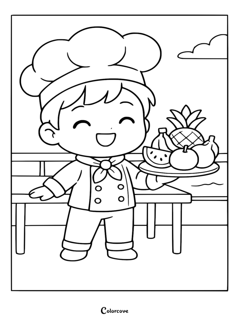 Una página para colorear de un chef de crucero estilo Chibi que muestra a un niño feliz con un gorro de chef sosteniendo una bandeja de frutas tropicales en la cubierta de un barco con vista al océano.