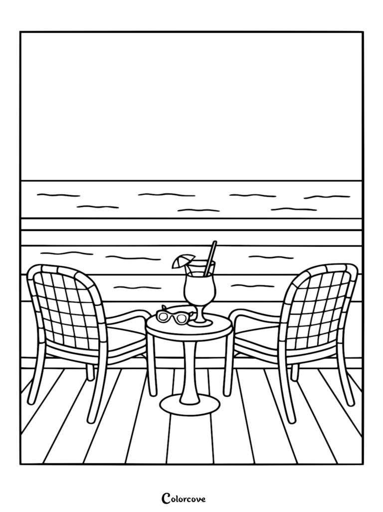 Página para colorear de un balcón de crucero con dos sillas tejidas, una bebida tropical con sombrilla y gafas de sol con vista al mar.