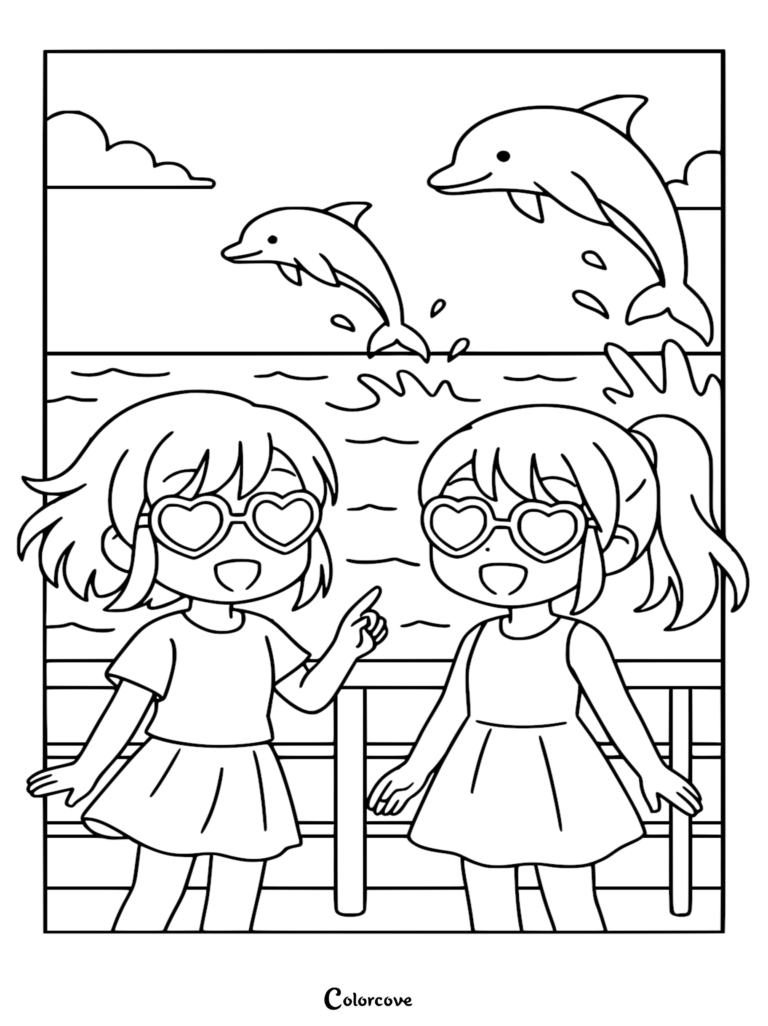 Página para colorear detallada en blanco y negro que muestra a dos chicas con gafas de sol en forma de corazón de pie en la barandilla de un crucero, observando a dos delfines saltar desde las olas del océano.
