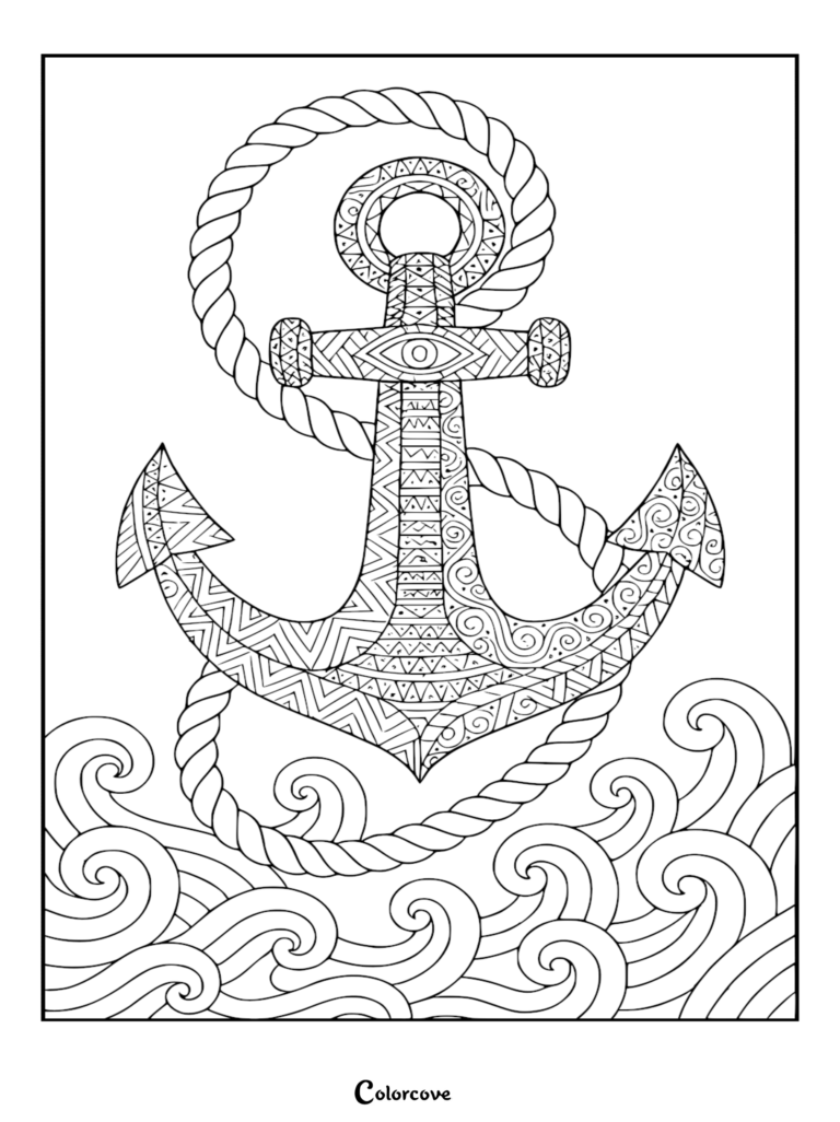 Página para colorear de un ancla náutica altamente detallada con patrones zentangle, cuerda gruesa trenzada y olas del océano estilizadas en arte lineal.