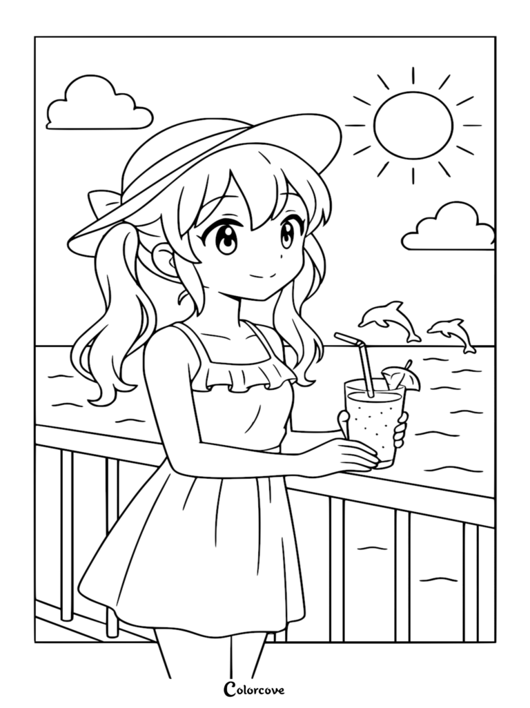Chica anime con sombrero de sol y vestido sosteniendo una bebida tropical en la cubierta de un crucero con delfines saltando al fondo, página para colorear imprimible.