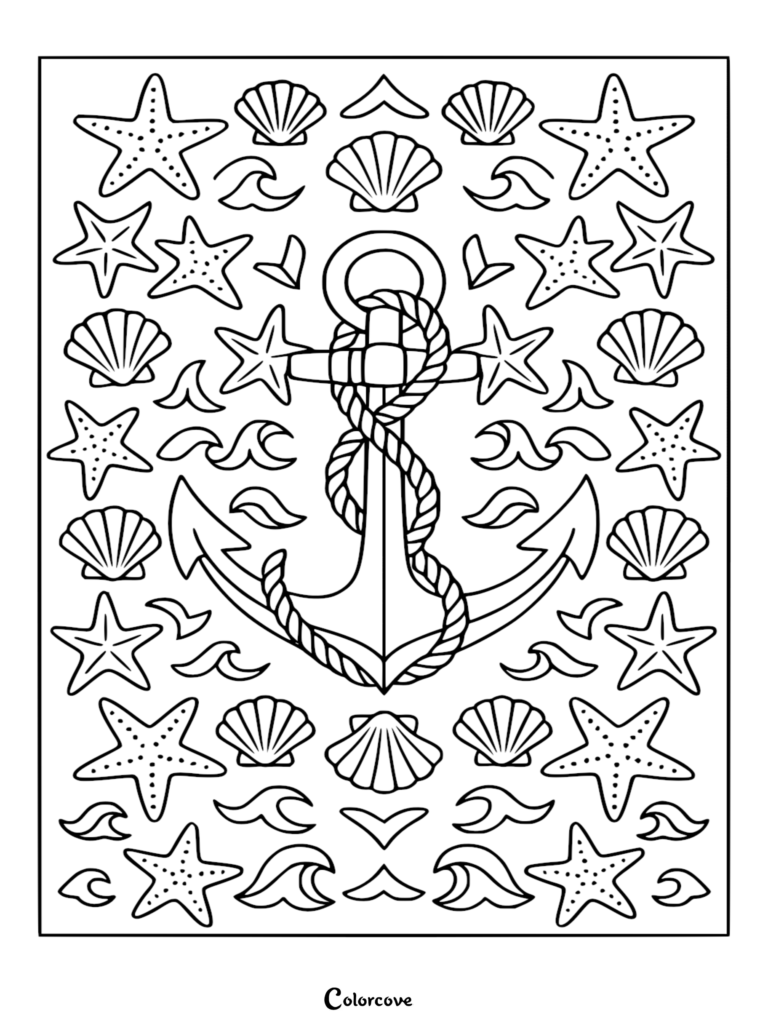 Detallada página para colorear náutica que presenta un ancla central envuelta en cuerda rodeada de estrellas de mar, conchas marinas festoneadas y olas del océano.