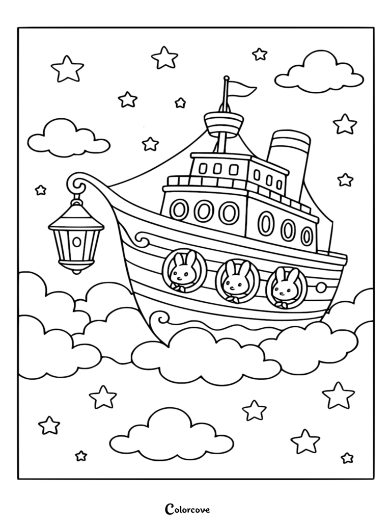 Una página para colorear caprichosa de un crucero volando a través de nubes esponjosas y un cielo nocturno estrellado, con tres pequeños conejos mirando desde ojos de buey redondos y una linterna colgante en la proa.