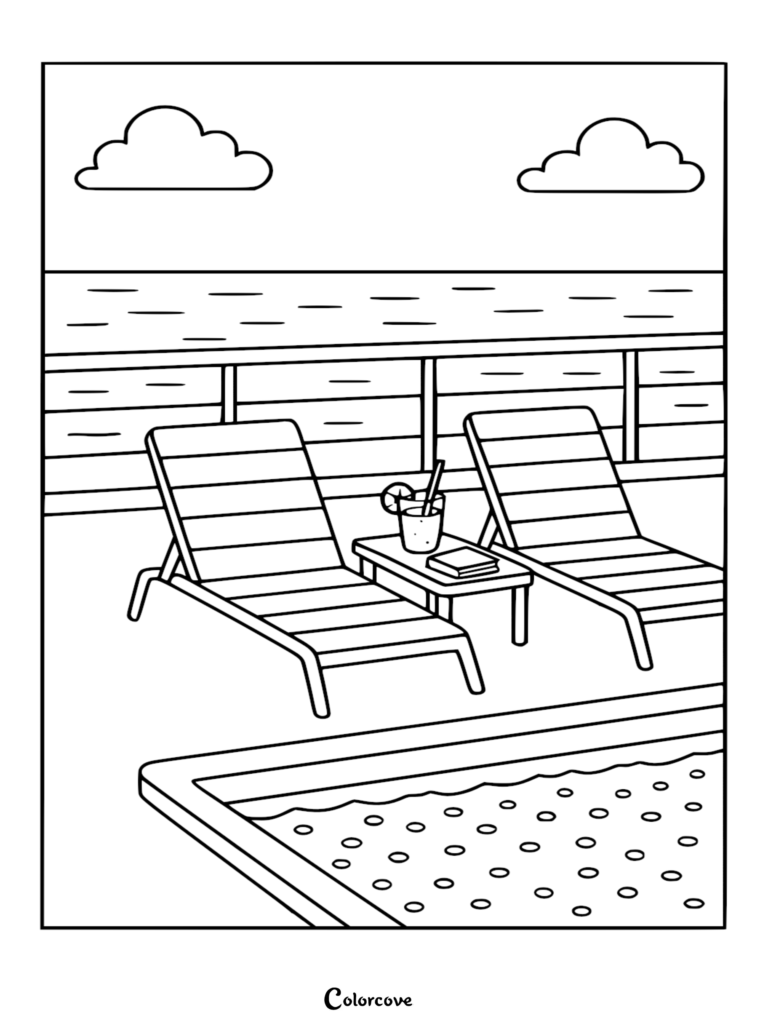 Página para colorear detallada de la cubierta de un crucero con tumbonas, una bebida junto a la piscina y olas en el horizonte del océano.