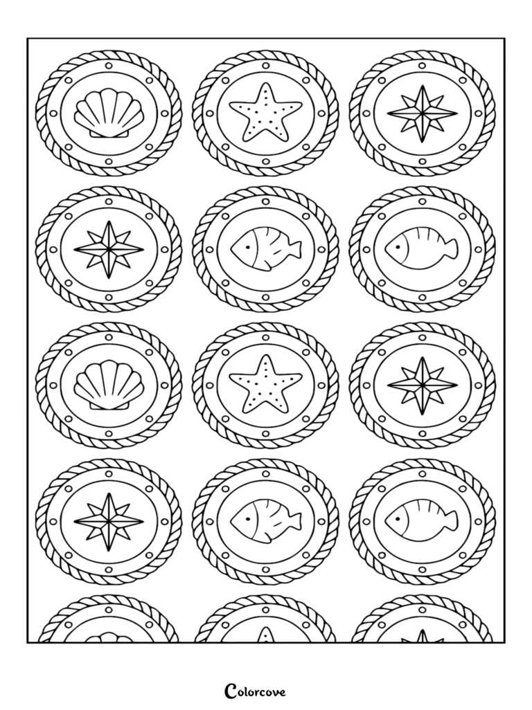 Página para colorear de temática náutica que presenta una cuadrícula de doce ojos de buey circulares con bordes de cuerda que contienen ilustraciones lineales de conchas marinas, estrellas de mar, rosas de los vientos y peces.