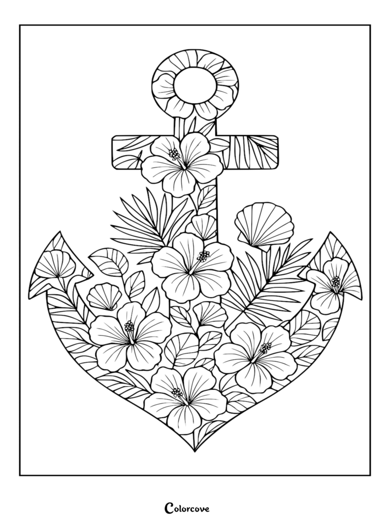 Arte lineal detallado de un ancla náutica llena de flores de hibisco tropical, hojas de palma y conchas marinas, diseñada como una intrincada página para colorear con temática de crucero.