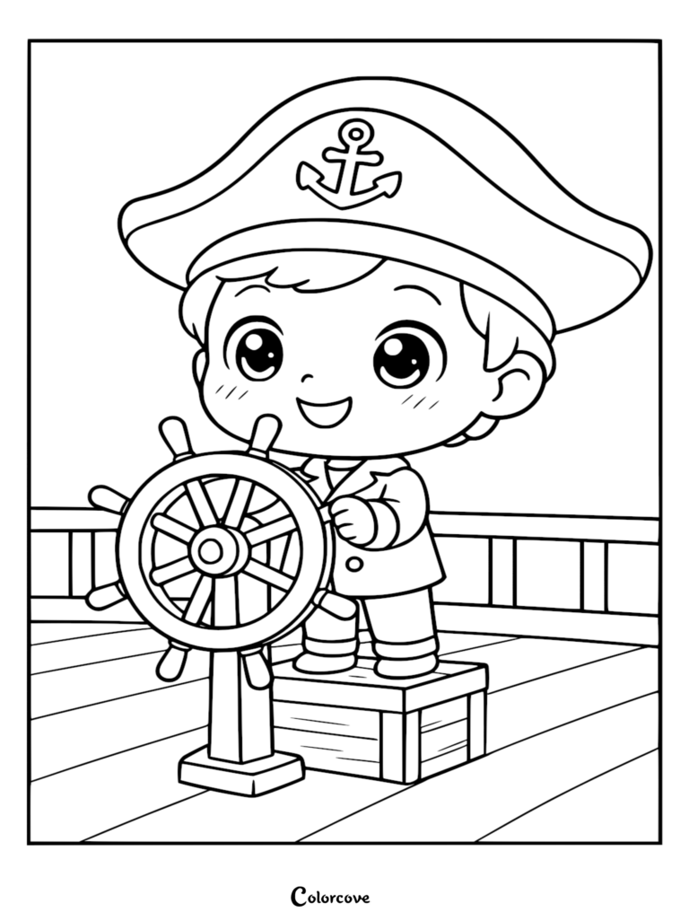 Un lindo niño capitán estilo Chibi con un sombrero náutico con un símbolo de ancla, dirigiendo un gran timón de madera mientras está de pie sobre una pequeña caja en la cubierta, página para colorear de un crucero.