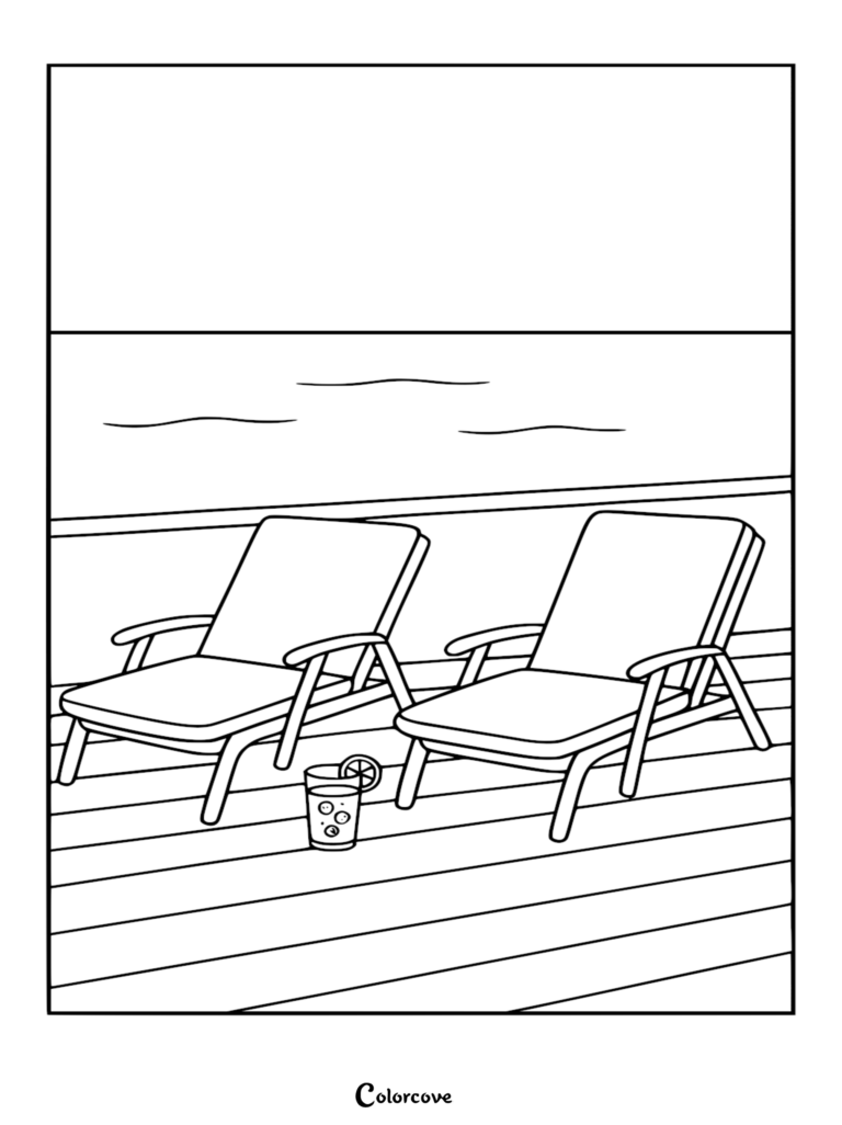 Página para colorear detallada de arte lineal con dos tumbonas vacías en la cubierta de madera de un crucero con vista al océano, un vaso de jugo helado y una rodaja de cítricos.