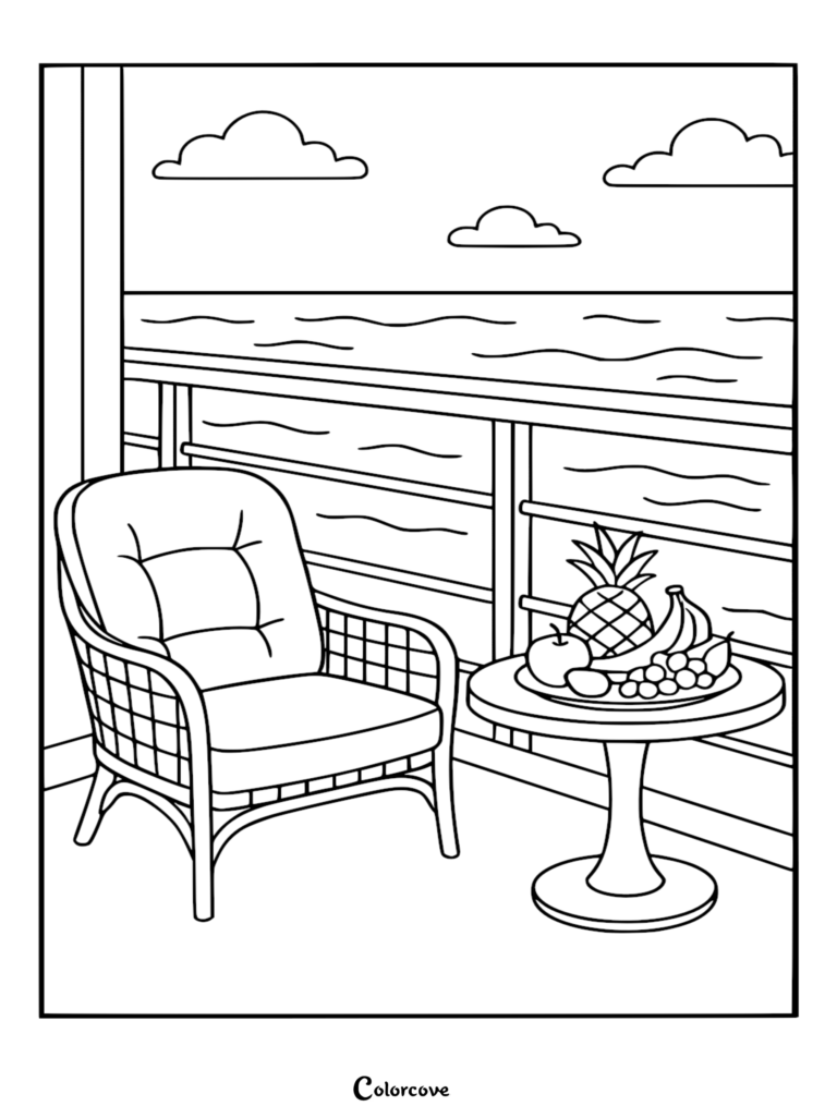 Página para colorear en blanco y negro de un balcón de crucero con una tumbona de mimbre, una mesa con una bandeja de frutas tropicales y un horizonte oceánico bajo un cielo nublado.