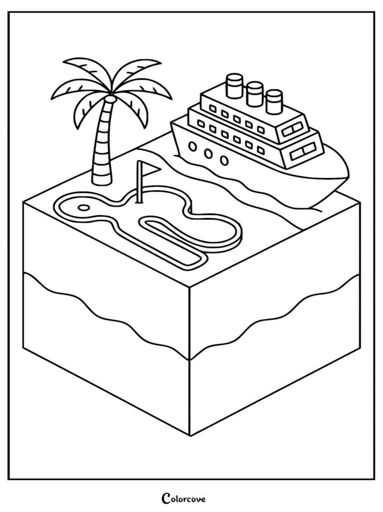 Página para colorear isométrica en blanco y negro de un crucero atracado cerca de una palmera y un campo de minigolf.
