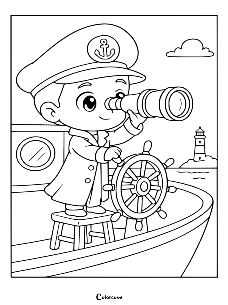 Una página para colorear de dibujos animados en blanco y negro de un niño capitán con sombrero mirando a través de un telescopio mientras está de pie sobre un taburete para alcanzar el timón de madera en un barco cerca de un faro.