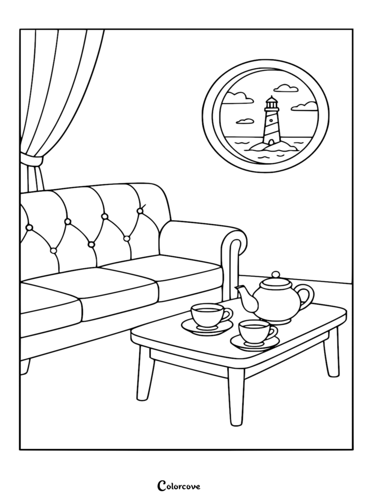 Página para colorear detallada de arte lineal del interior de un camarote de crucero que presenta un sofá capitoné, un juego de té y una vista a través de un ojo de buey hacia un faro.