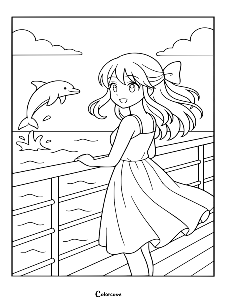 Página para colorear de una chica anime en la cubierta de un crucero observando a un delfín saltar, con olas oceánicas y nubes esponjosas.