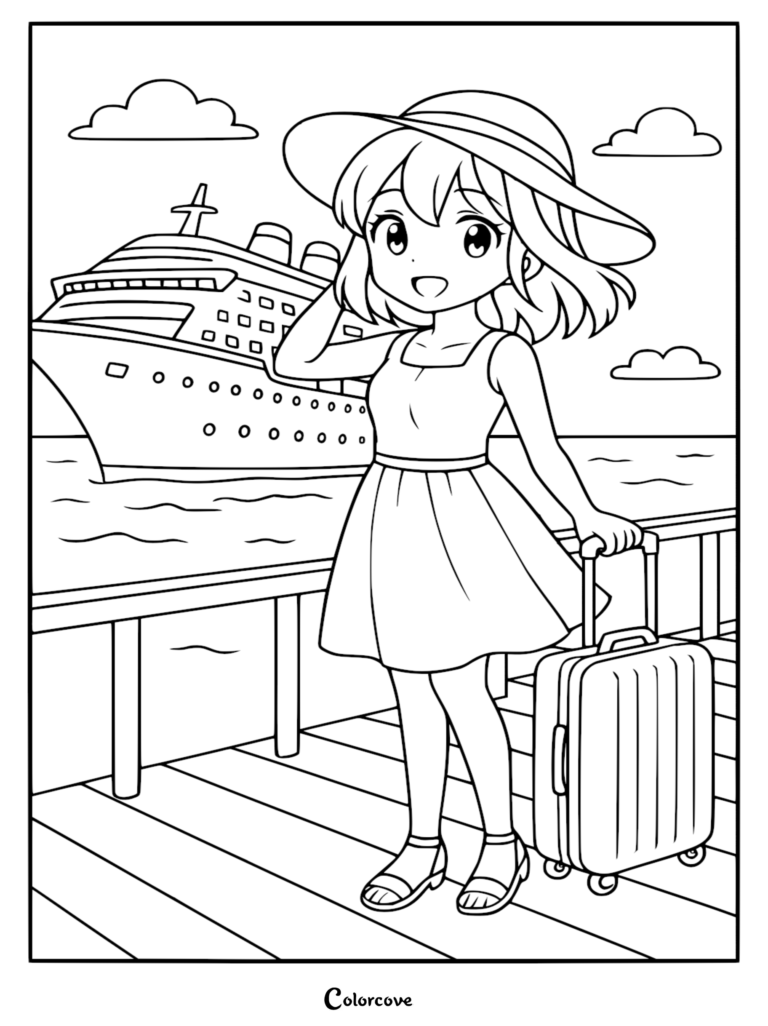 Página detallada con una chica anime con sombrero de sol y maleta de pie en un muelle frente a un gigantesco crucero.
