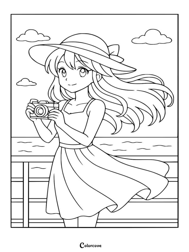 Página para colorear de una chica anime con cabello fluido y sombrero de sol sosteniendo una cámara en la cubierta de un crucero.