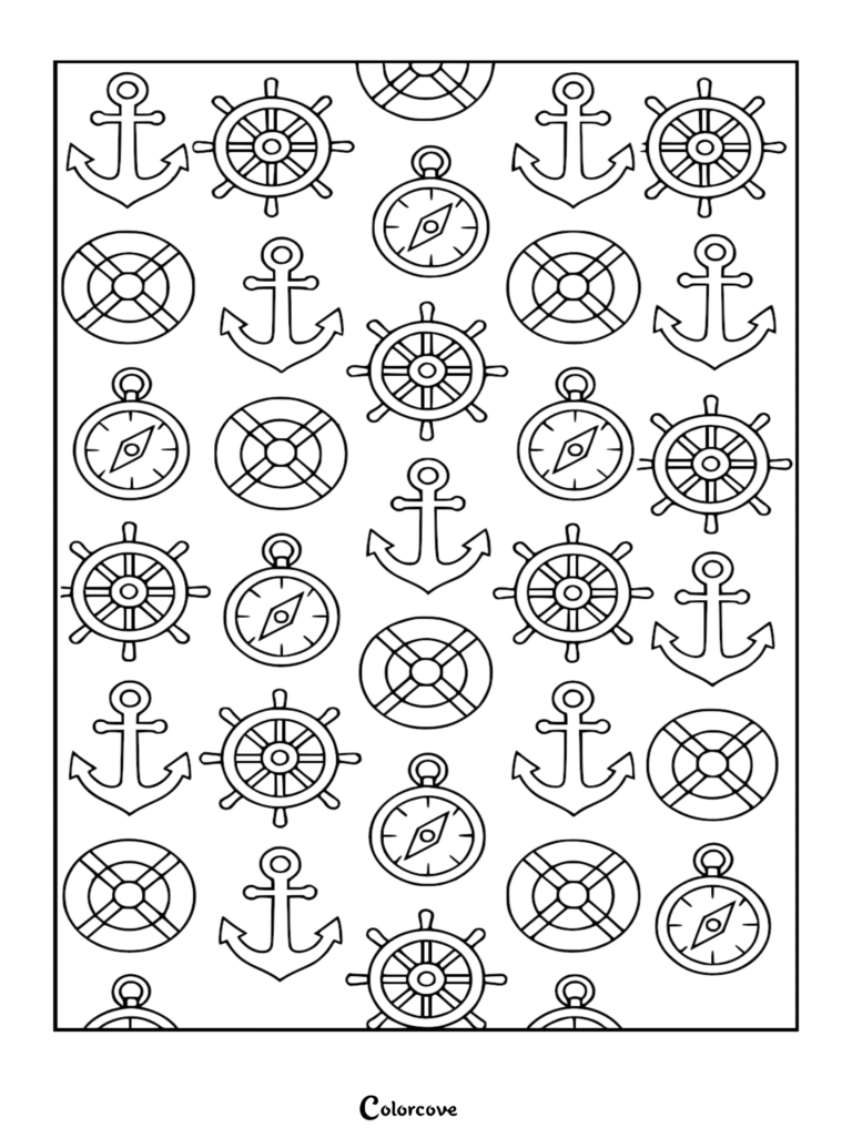 Página para colorear de iconos náuticos de crucero que presenta un patrón continuo de anclas, timones, brújulas magnéticas y salvavidas en un arte lineal simple en blanco y negro.