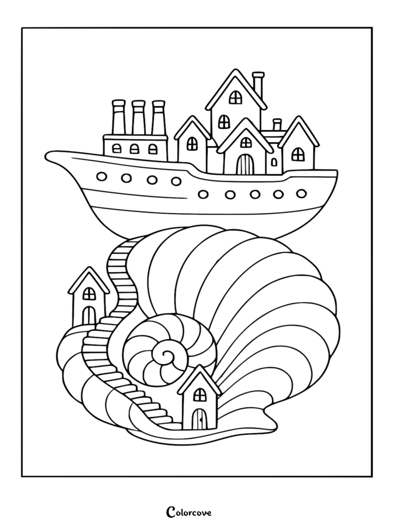 Página para colorear de arte lineal detallado de un crucero que transporta un pueblo en miniatura sobre una gran concha espiral con escaleras y casas.