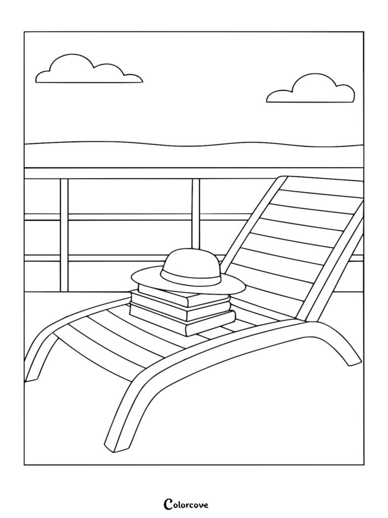 Una página para colorear de una silla de cubierta de un crucero con una pila de libros y un sombrero de sol, con barandillas y nubes sobre el horizonte del océano.