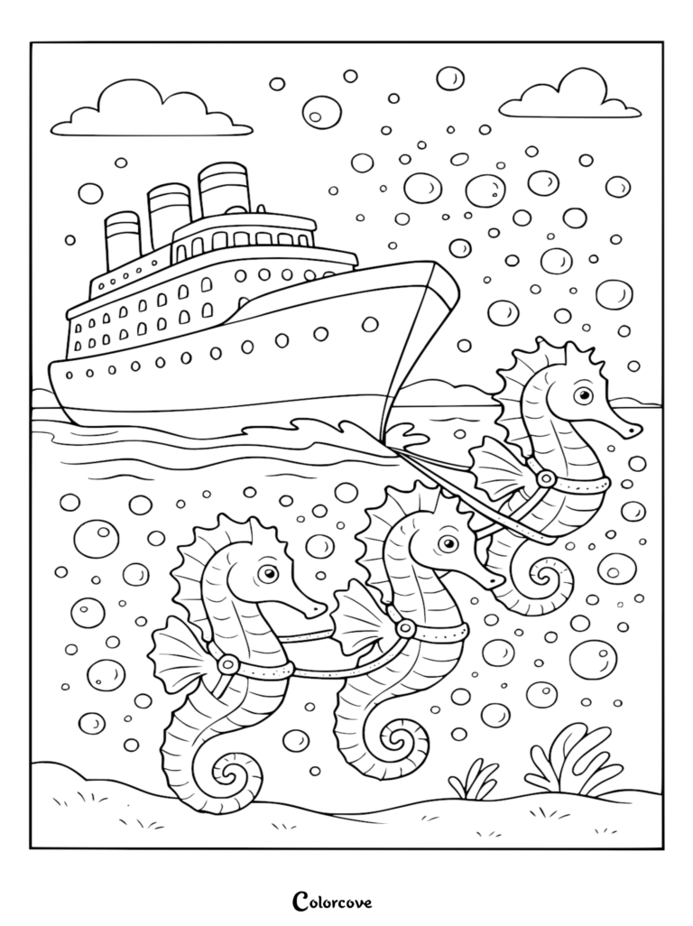 Caprichosa página para colorear de un crucero con tres caballitos de mar con arnés tirando de un gran transatlántico a través de un mar de burbujas.