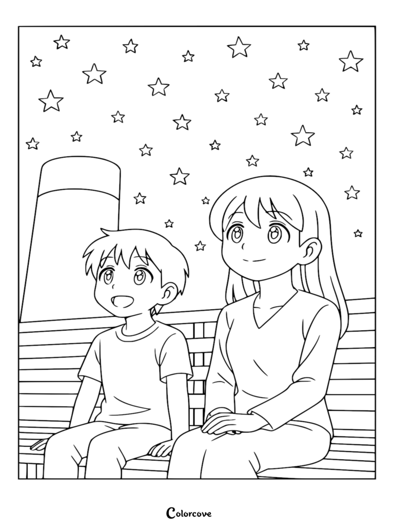 Página para colorear de estilo anime de un niño y una mujer sentados en un banco de la cubierta de un crucero bajo un cielo lleno de estrellas.