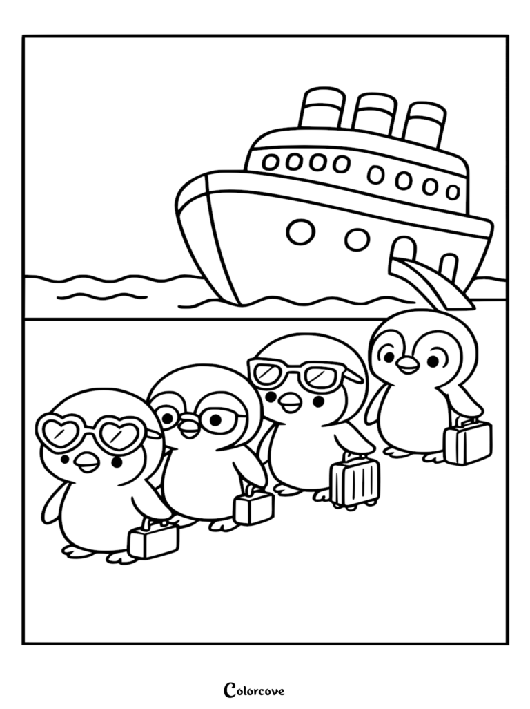 Adorables pingüinos con gafas de sol rectangulares y en forma de corazón cargan maletas mientras abordan un gran crucero con tres chimeneas en esta página para colorear de arte lineal.