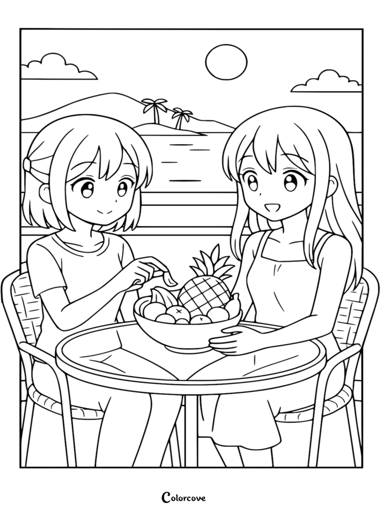 Página detallada de vacaciones en crucero con dos chicas anime compartiendo un tazón de frutas tropicales con una piña en una cubierta con vista a una isla llena de palmeras.