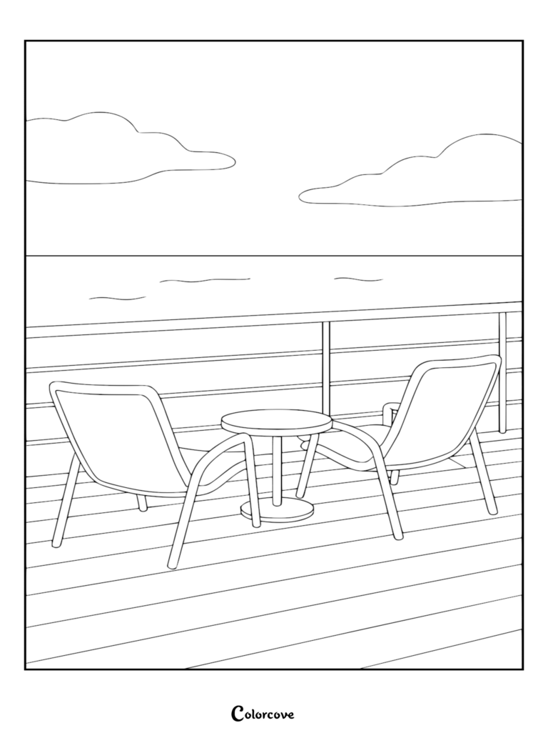 Una página para colorear de la cubierta de un crucero con dos tumbonas y una pequeña mesa redonda sobre una cubierta de madera con vista a un océano en calma bajo un cielo nublado.